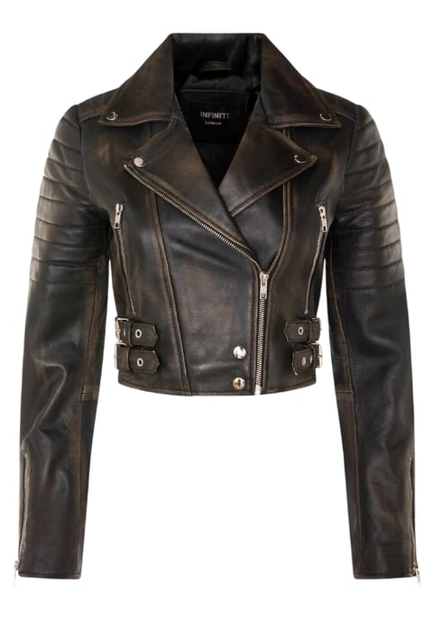 Chaqueta biker vintage negra corta de cuero Brando para mujer - Bellville - Image 2