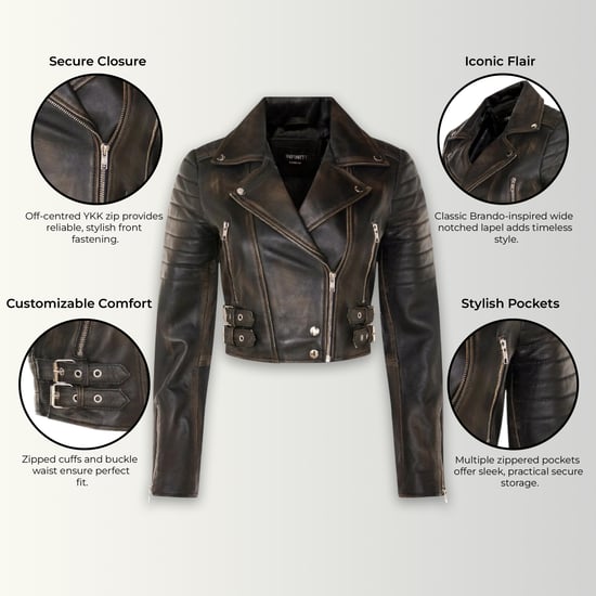 Chaqueta biker vintage negra corta de cuero Brando para mujer - Bellville - Image 3