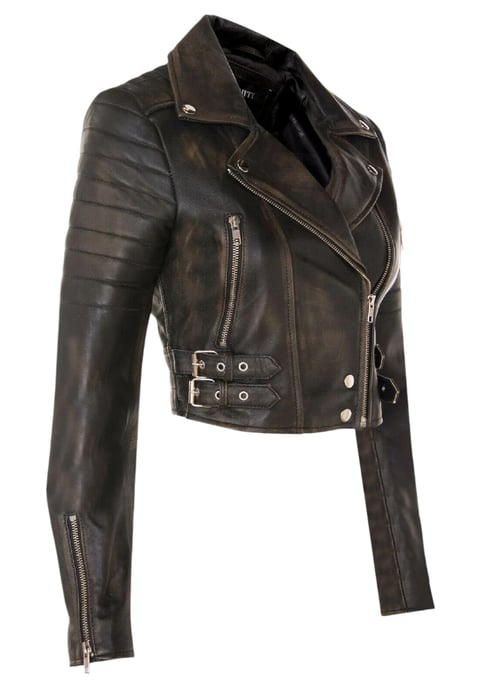 Chaqueta biker vintage negra corta de cuero Brando para mujer - Bellville - Image 4