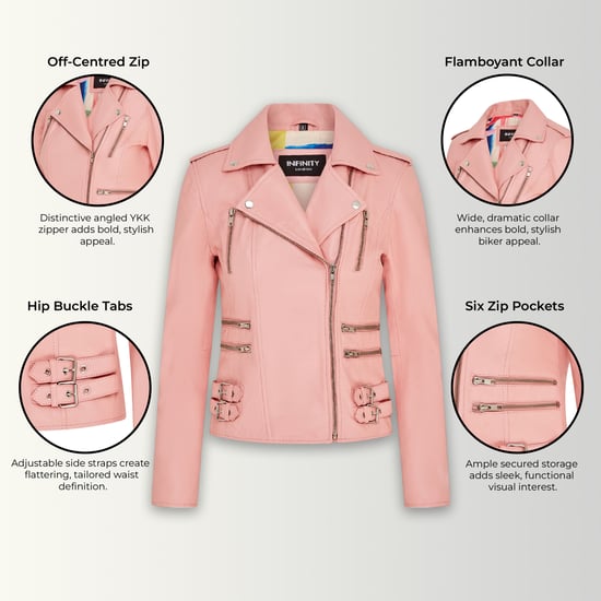 Chaqueta motera de cuero rosa bebé Brando para mujer - Constantia - Image 3