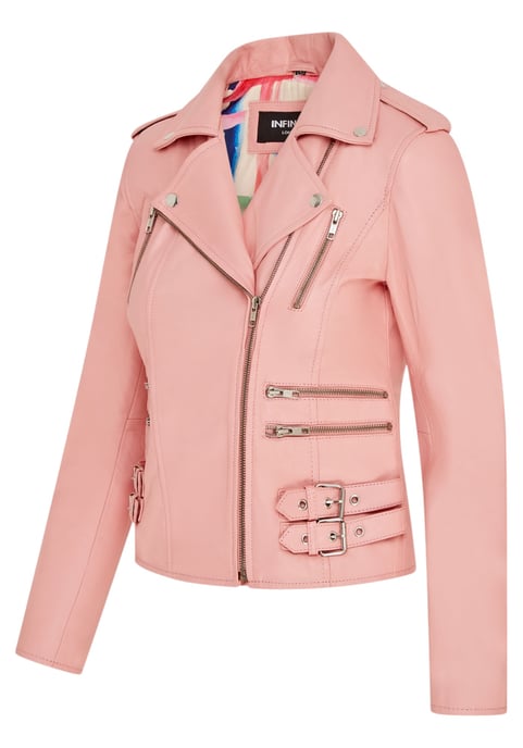 Chaqueta motera de cuero rosa bebé Brando para mujer - Constantia - Image 4