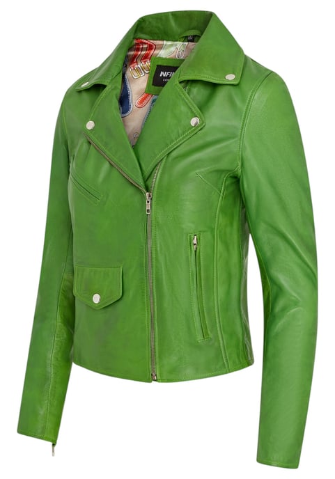 Chaqueta motera clásica de cuero Brando verde manzana para mujer - Broome - Image 3