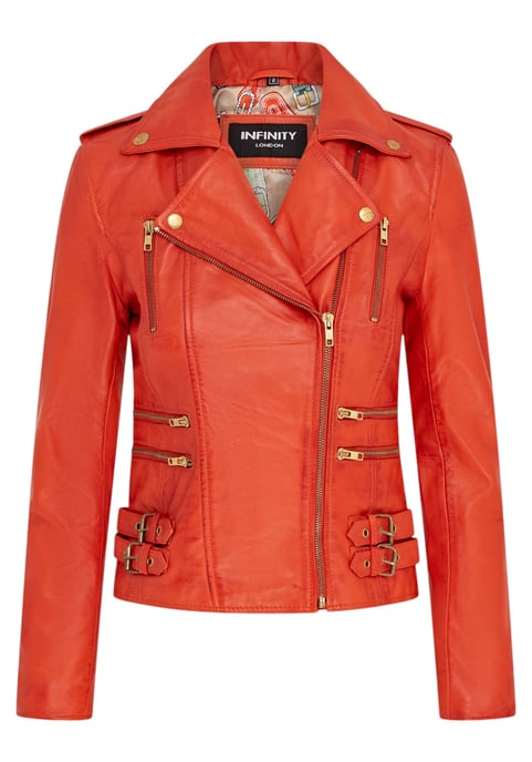 Chaqueta motera de cuero naranja Brando para mujer - Constantia - Image 2