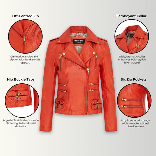Chaqueta motera de cuero naranja Brando para mujer - Constantia - Image 3