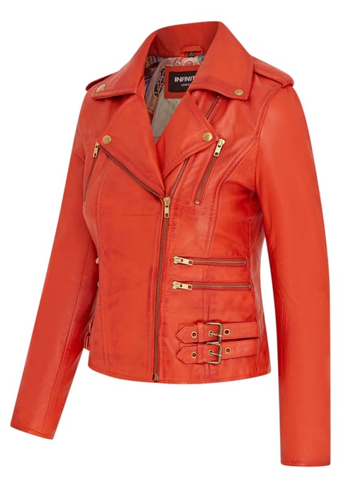 Chaqueta motera de cuero naranja Brando para mujer - Constantia - Image 4