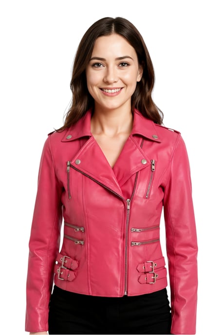 Chaqueta motera Brando de cuero fucsia para mujer - Constantia - Image 1