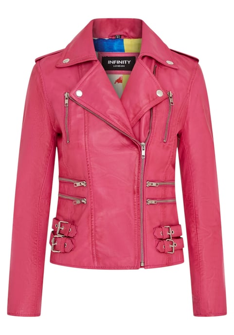 Chaqueta motera Brando de cuero fucsia para mujer - Constantia - Image 2