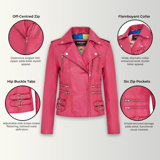 Chaqueta motera Brando de cuero fucsia para mujer - Constantia - Image 3