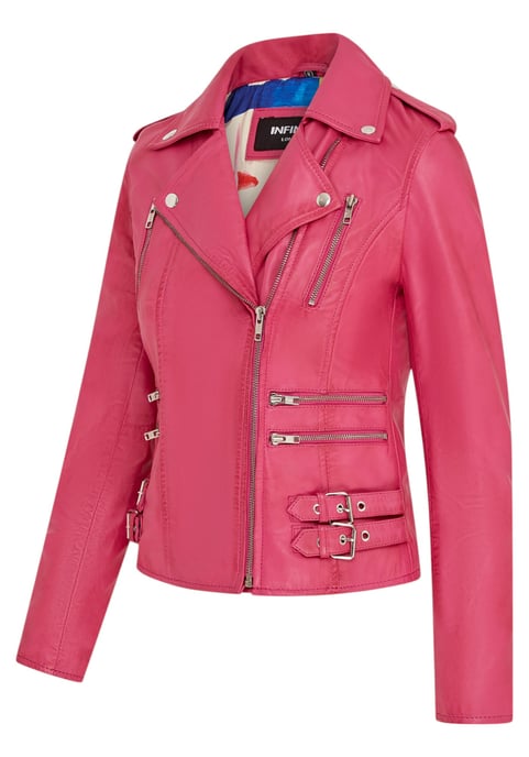 Chaqueta motera Brando de cuero fucsia para mujer - Constantia - Image 4