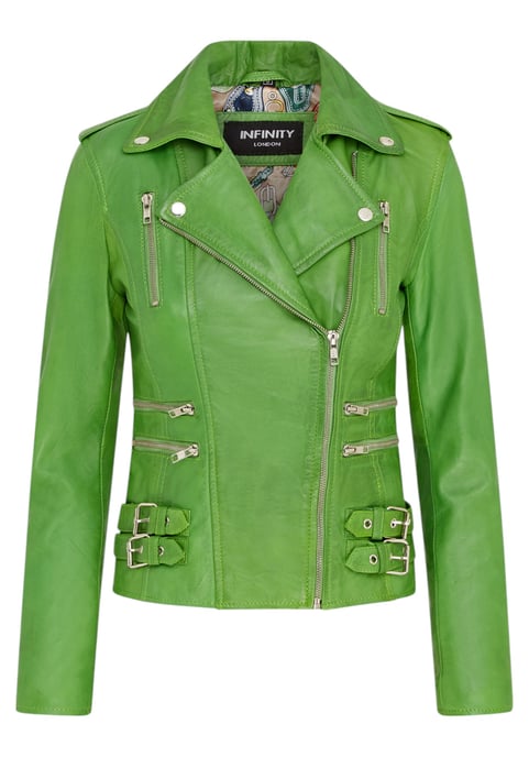 Chaqueta motera Brando de cuero verde manzana para mujer - Constantia - Image 2