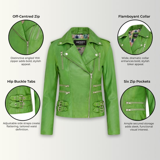 Chaqueta motera Brando de cuero verde manzana para mujer - Constantia - Image 3
