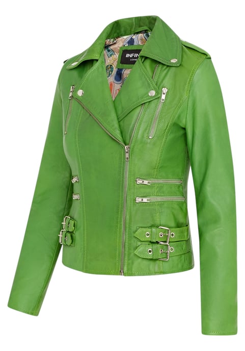 Chaqueta motera Brando de cuero verde manzana para mujer - Constantia - Image 4