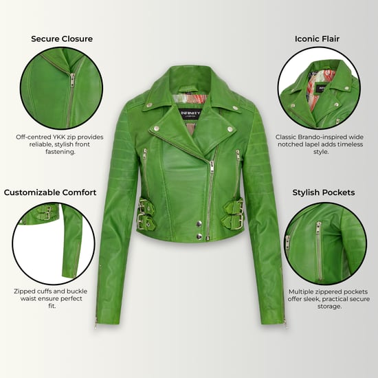 Chaqueta biker de cuero Brando corta verde manzana para mujer - Bellville - Image 3