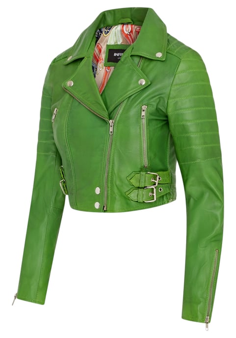 Chaqueta biker de cuero Brando corta verde manzana para mujer - Bellville - Image 4