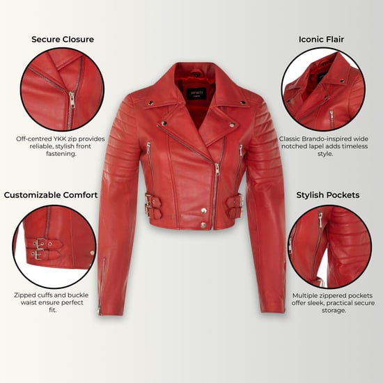 Chaqueta motera de cuero Brando roja corta para mujer - Bellville - Image 3