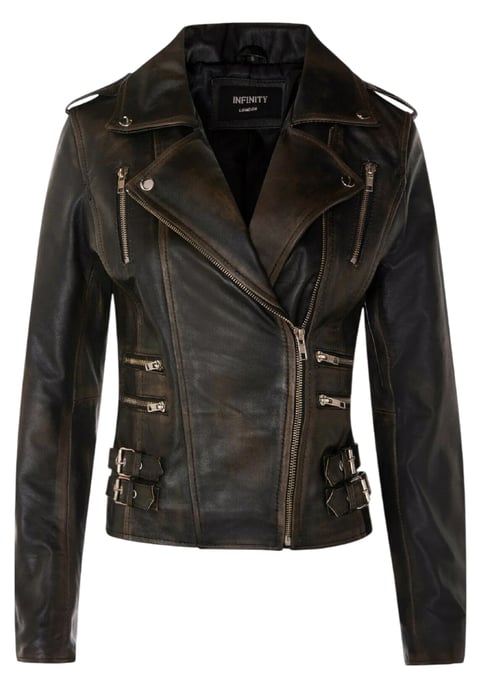 Chaqueta motera Brando vintage de cuero negro para mujer - Constantia - Image 2