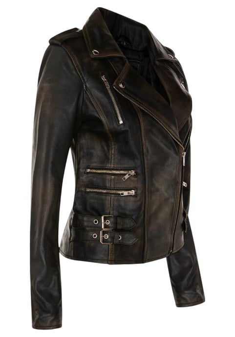Chaqueta motera Brando vintage de cuero negro para mujer - Constantia - Image 4