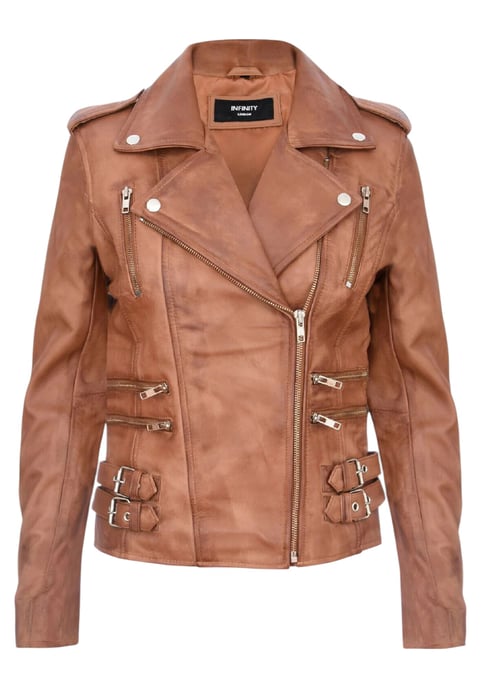 Chaqueta motera Brando de cuero marrón tostado para mujer - Constantia - Image 2