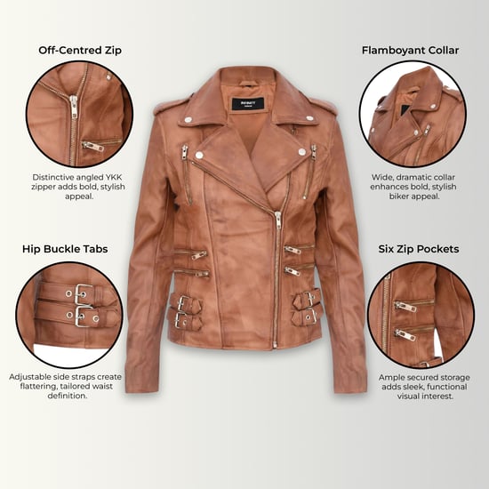 Chaqueta motera Brando de cuero marrón tostado para mujer - Constantia - Image 3