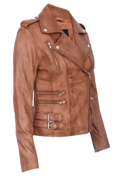 Chaqueta motera Brando de cuero marrón tostado para mujer - Constantia - Image 4
