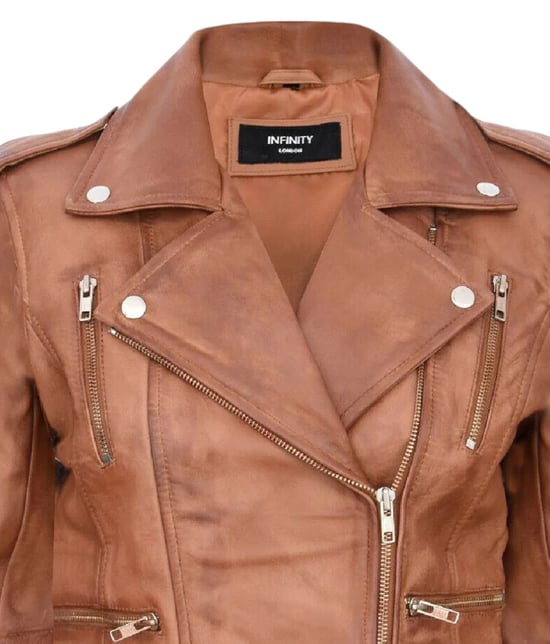Chaqueta motera Brando de cuero marrón tostado para mujer - Constantia - Image 6