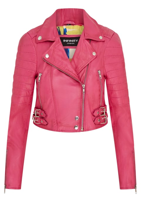 Chaqueta biker de cuero Brando corta rosa fucsia para mujer - Damasco - Image 1