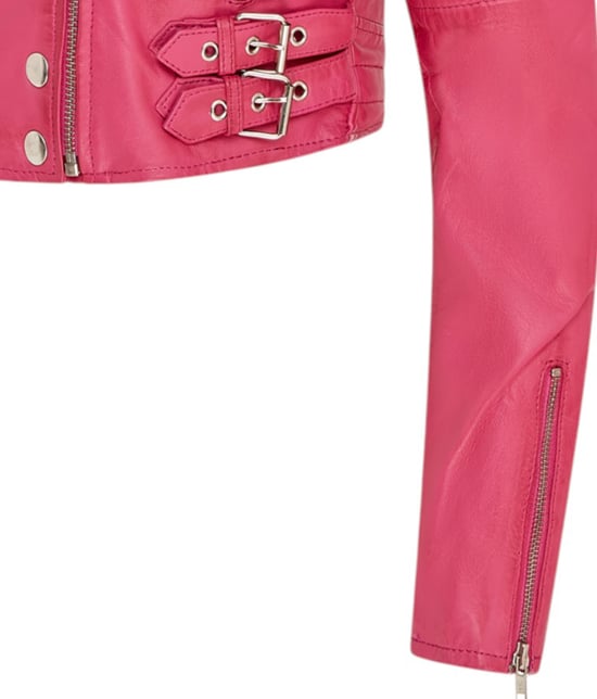 Chaqueta biker de cuero Brando corta rosa fucsia para mujer - Damasco - Image 6