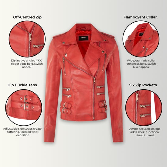 Chaqueta motera Brando de cuero rojo para mujer - Constantia - Image 3