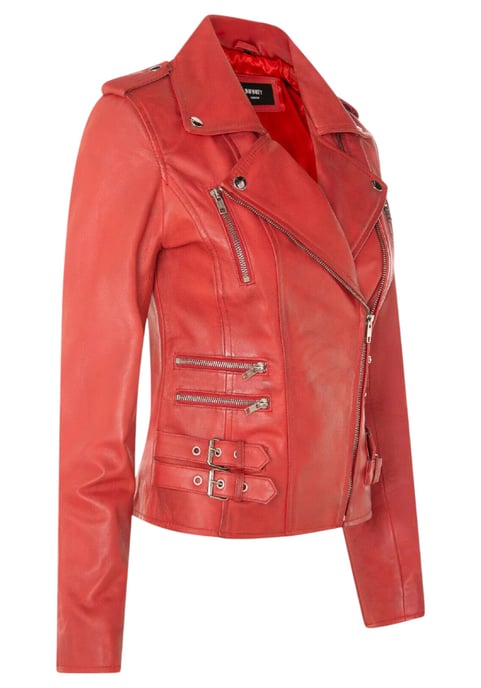 Chaqueta motera Brando de cuero rojo para mujer - Constantia - Image 4