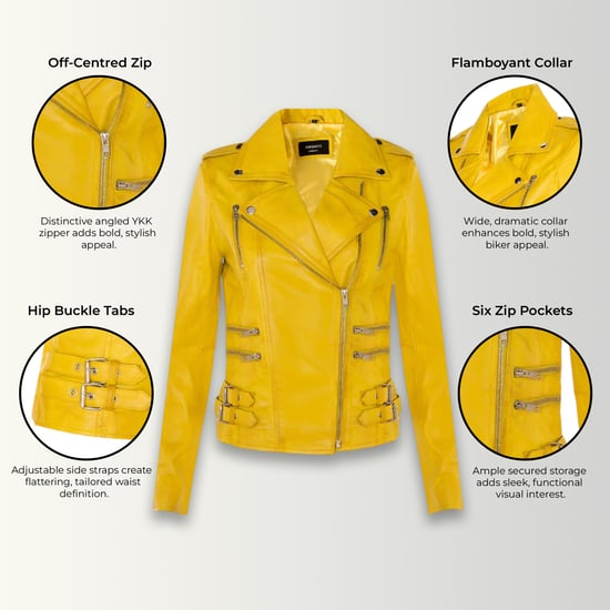 Chaqueta motera Brando de cuero amarillo para mujer - Constantia - Image 3