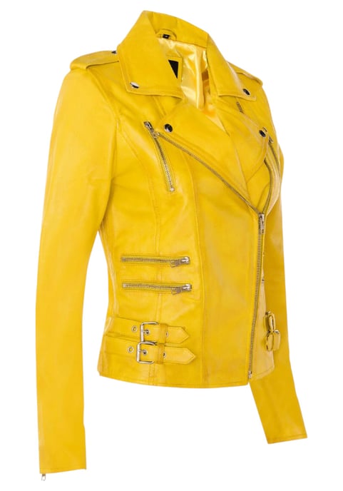 Chaqueta motera Brando de cuero amarillo para mujer - Constantia - Image 4