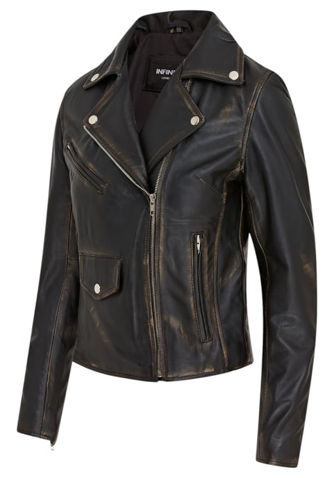 Chaqueta motera clásica de cuero negro vintage Brando para mujer - Soweto - Image 4
