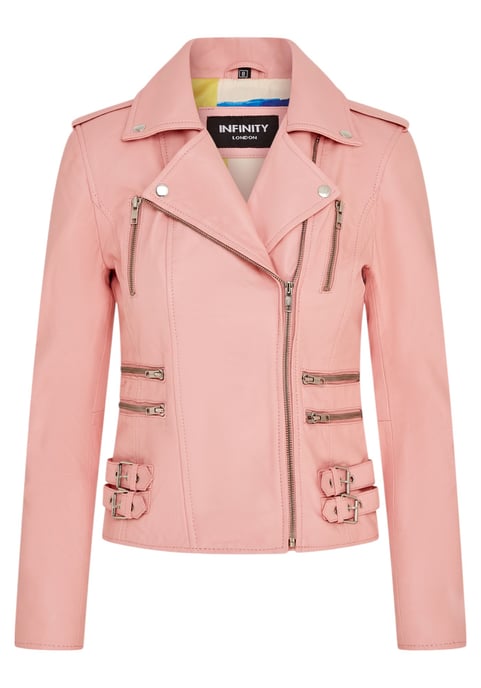 Chaqueta motera Brando de cuero rosa bebé para mujer - Loddon - Image 1
