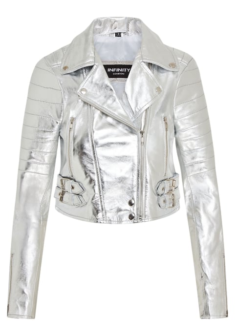 Chaqueta motera de cuero Brando corta plateada para mujer - Durban - Image 2