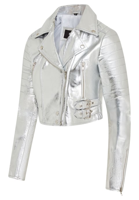 Chaqueta motera de cuero Brando corta plateada para mujer - Durban - Image 4
