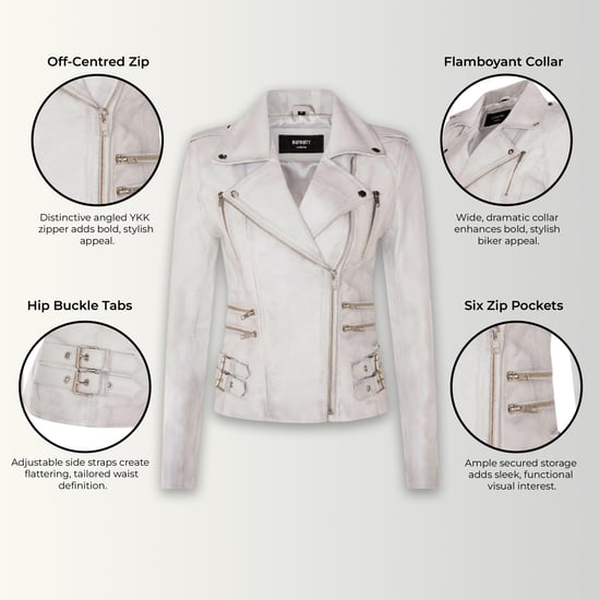 Chaqueta motera de cuero blanca Brando para mujer - Constantia - Image 3