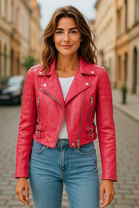 Chaqueta biker corta de cuero Brando para mujer, color rosa fucsia - Durban - Image 1