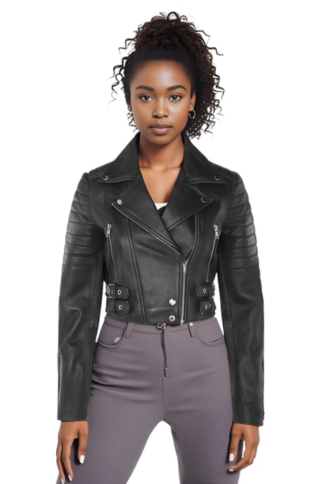Chaqueta motera de cuero Brando negra corta para mujer - Bellville - Image 1