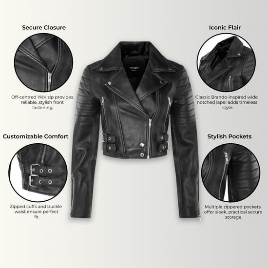 Chaqueta motera de cuero Brando negra corta para mujer - Bellville - Image 3