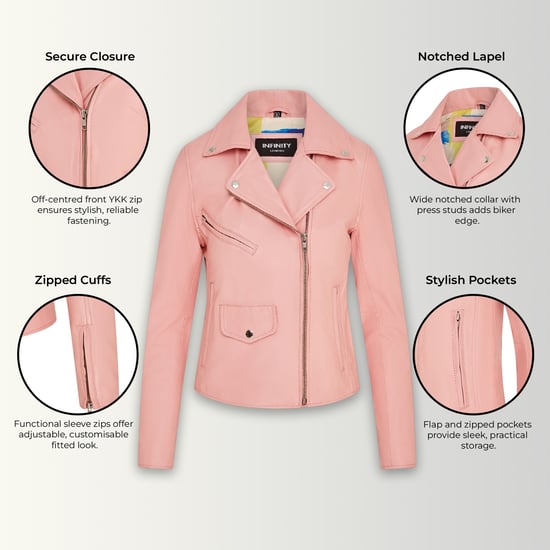 Chaqueta motera clásica de cuero Brando en rosa bebé para mujer - Soweto - Image 3