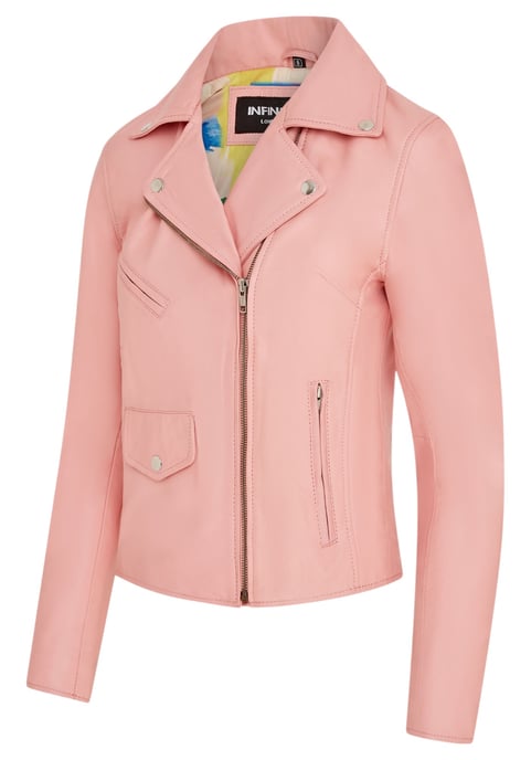 Chaqueta motera clásica de cuero Brando en rosa bebé para mujer - Soweto - Image 4