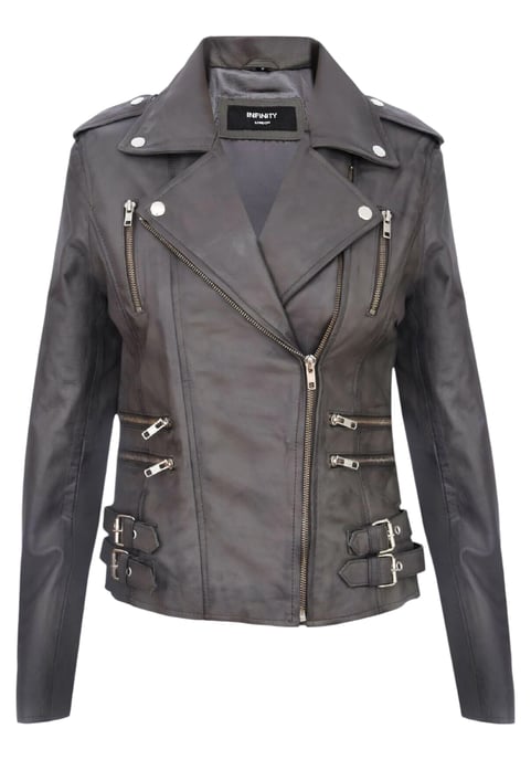 Chaqueta motera Brando de cuero gris para mujer - Constantia - Image 2