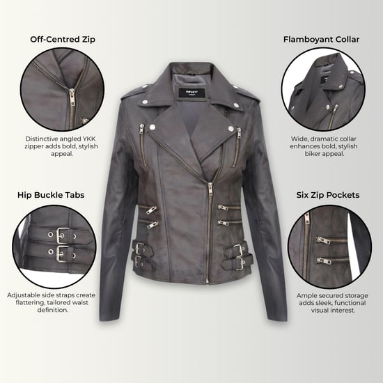Chaqueta motera Brando de cuero gris para mujer - Constantia - Image 3