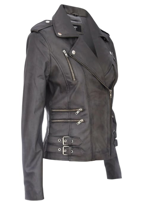 Chaqueta motera Brando de cuero gris para mujer - Constantia - Image 4