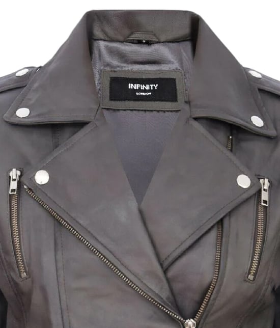 Chaqueta motera Brando de cuero gris para mujer - Constantia - Image 6