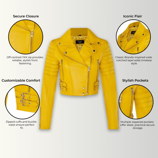 Chaqueta motera de cuero Brando corta amarilla para mujer - Bellville - Image 3
