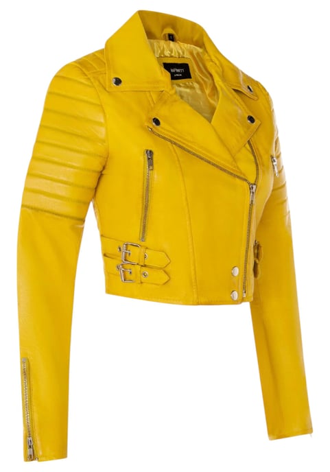 Chaqueta motera de cuero Brando corta amarilla para mujer - Bellville - Image 4