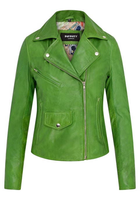 Chaqueta motera clásica de cuero Brando verde manzana para mujer - Soweto - Image 2