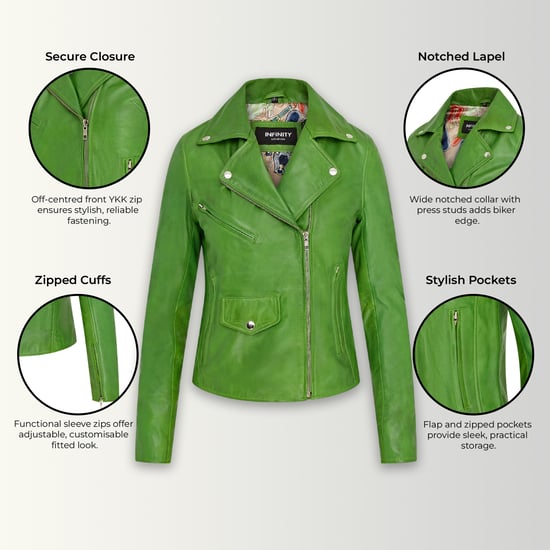 Chaqueta motera clásica de cuero Brando verde manzana para mujer - Soweto - Image 3