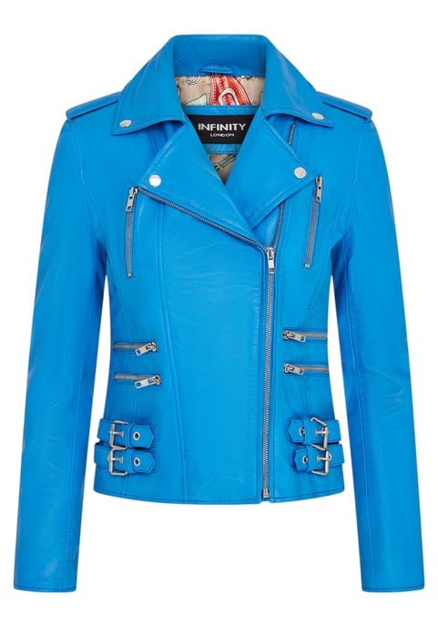Chaqueta motera Brando de cuero azul para mujer - Loddon - Image 1